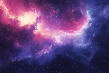 Naklejka premium A cosmic nebula with swirling clouds of pink and purple gas, illuminated by distant stars.