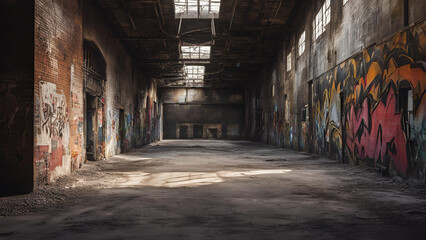 Fototapeta premium Abandoned Warehouse with Graffiti: A haunting and evocative glimpse into an abandoned warehouse, bathed in the soft glow of sunlight streaming through broken windows. Graffiti art adorns the walls.