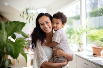 Mother hugging kid family people plant.