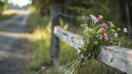 A vibrant bouquet is elegantly draped over a rustic wooden fence, exuding charm and serenity against the blurred backdrop of a sunlit country road.