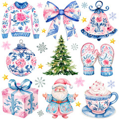 Blue Chinoiserie Christmas Illustration Collection, Elegant set of blue and pink Christmas illustrations featuring a floral sweater, Santa, tree, and festive elements. Ideal for holiday projects.

