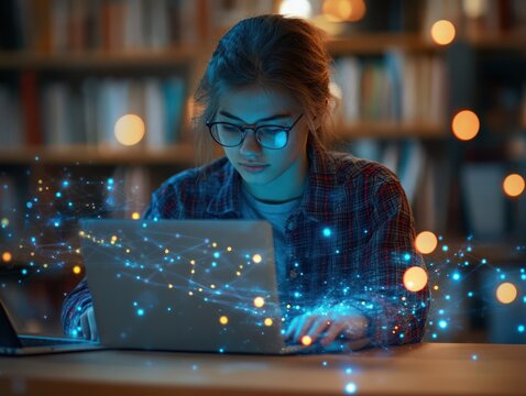 Person using a laptop for e-learning, online education with a digital interface overlay