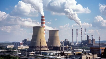 Towering cooling towers and chimneys emit plumes of smoke, standing starkly against a bright blue sky.
