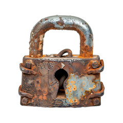 Ancient and rusty padlock isolated on transparent background. 
