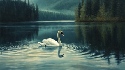 Fototapeta premium Graceful swan gliding on a calm lake, with soft ripples and a forest backdrop reflecting on the water