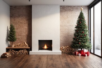 Cozy fireplace with Christmas decorations and gifts