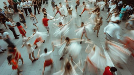 Motion blur captures dancers in a lively street festival, their colorful outfits blending in a whirl of excitement and energy.