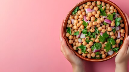Hands holding a bowl of chickpeas, red onion, and parsley on a pink background.
