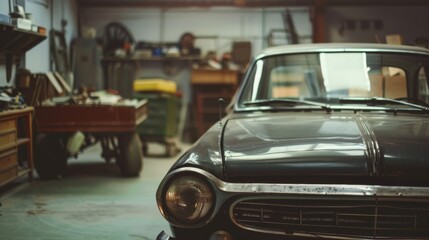 Fototapeta premium A classic car sits gracefully in a dimly lit garage, evoking nostalgia with its vintage charm and the subtle play of light and shadow.