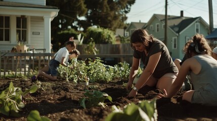 Friends huddled closely, working the soil in a garden, exuding warmth, cooperation, and unity.