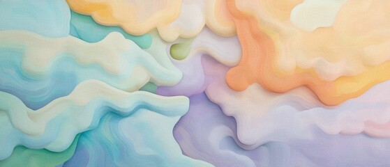 An abstract digital artwork displays flowing, organic waves in soft pastel colors, transitioning smoothly from turquoise to lavender and peach tones.  Generative AI