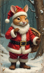A festive rabbit in a traditional red Santa coat and hat poses with a playful expression, holding a stick, exuding holiday cheer and warmth during winter celebrations.