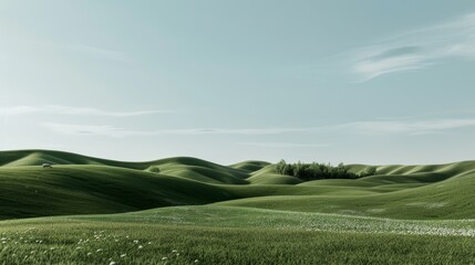 Obraz premium Rolling green hills under a clear blue sky create a serene, pastoral scene, with gentle curves and lush textures inviting tranquility.