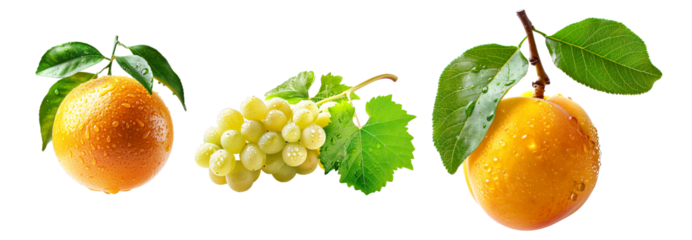 Set of apricot, grapefruit and red grapes hanging on the vine with green leaves, isolated on a white transparent background.