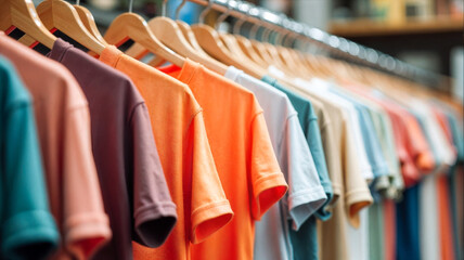Fototapeta premium A variety of casual shirts in vibrant colors are neatly hung on wooden hangers, showcasing an organized clothing rack in a retail store, inviting customers to browse.