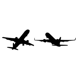 Silhouettes of two airplanes flying in opposite directions, captured against a simple white background. The image evokes themes of travel, adventure, and aviation.