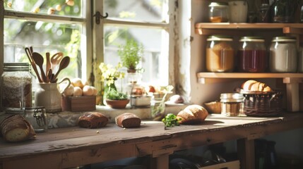 Fototapeta premium A cozy kitchen corner filled with fresh bread and mason jars invites warmth and homeliness.