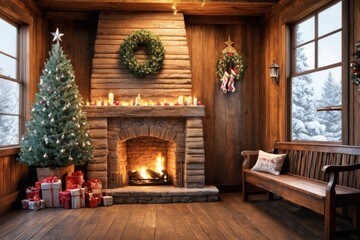 Cozy fireplace with Christmas decorations and gifts over wooden wall