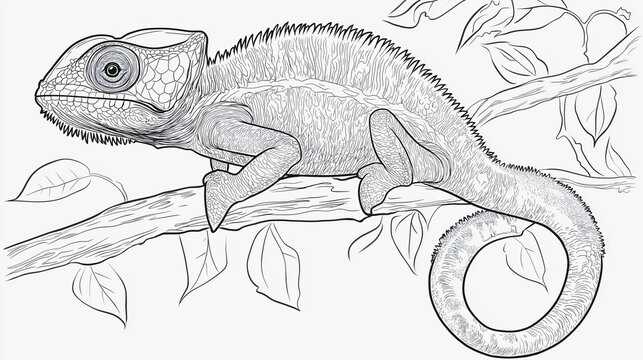 recommend clip art: Intricate chameleon lizard coloring, detailed page book drawing, exotic animal wildlife reptile, creative doodle character, cartoon nature tropical
