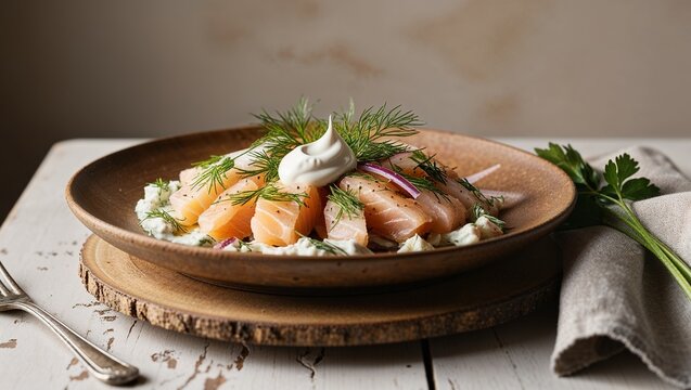 Delicious Scandinavian-Inspired Fish Salad Served on a Bright Plate, Perfect for Health-Conscious Dining and Culinary Enthusiasts