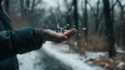 A gloved hand reaches out as delicate snowflakes dance in the cold air, set against a tranquil winter forest backdrop.