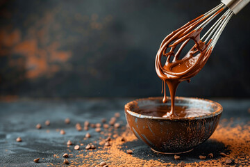 Chocolate cream flowing from whisk into bowl on table, closeup


