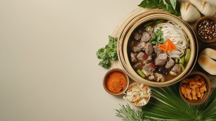 Top view of a steaming bowl of Chinese noodle soup with meat and vegetables, surrounded by various ingredients and spices on a beige background.