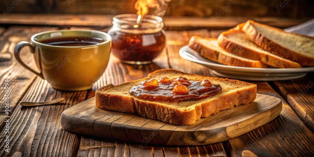Poster a rustic wooden table with a cup of tea, a wooden cutting board, and a piece of toast topped with a 