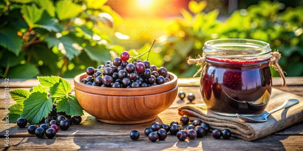 Poster freshly picked blackcurrants in a wooden bowl with homemade jam and a spoon on rustic wooden table w
