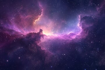 A vibrant nebula in space, a cosmic cloud of gas and dust glowing in a mix of pink, purple, and yellow hues, with scattered stars against a dark blue background.