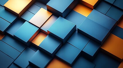 A vibrant abstract composition of blue and orange 3D cubes arranged in a dynamic pattern.
