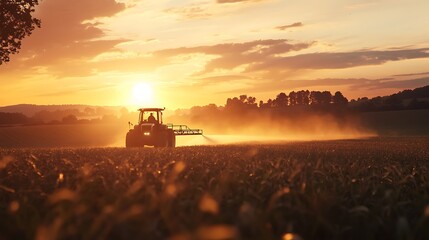 Fototapeta premium A tractor spraying crops at sunset in the farmland