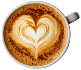 Aromatic coffee mug cup, artful foam heart shape, inviting top view isolated brown, cozy morning breakfast, cappuccino fresh aromatic