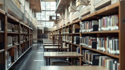 An inviting library corridor with shelves packed with books, sunlit tables, and a serene ambiance fostering exploration and learning.