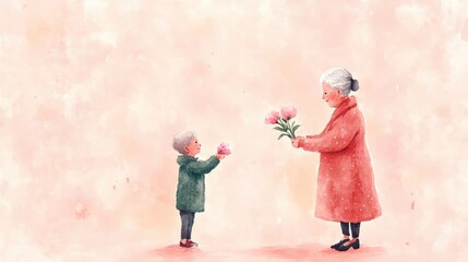 Fototapeta premium Child Giving Flower to Elderly Woman in Watercolor Art