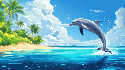 Fototapeta premium Playful dolphin leaping out of turquoise water, with tropical scenery and a clear blue sky in the background