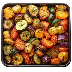 A vibrant mix of roasted vegetables, including carrots, zucchini, and potatoes, seasoned with herbs and spices. Perfect for healthy meal ideas and colorful dinner presentations. png transparent backgr