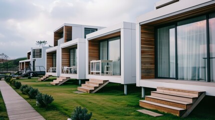 Fototapeta premium Modern, minimalist architecture features sleek, geometric designs on a lush, green landscape, signifying simplicity and elegance.