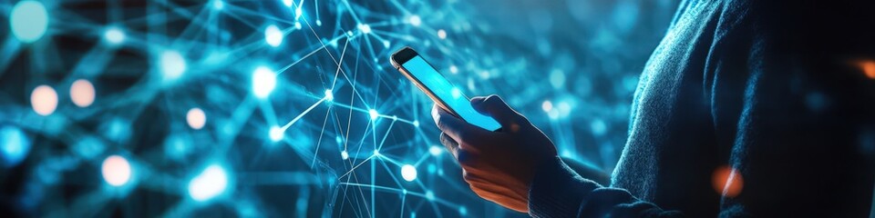 Man using smartphone for global network connections, innovative communication technology in action