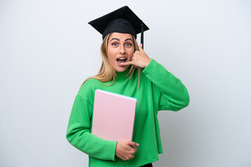 Young university graduate woman isolated on white background making phone gesture. Call me back sign