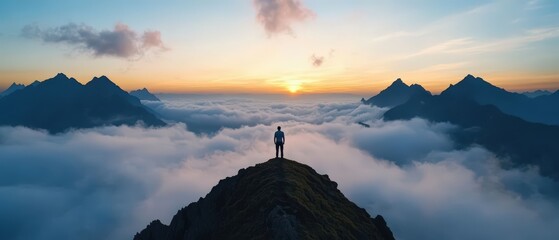 A person stands atop a mountain peak, overlooking a sea of clouds during a vivid sunset, capturing the awe of nature and adventure.