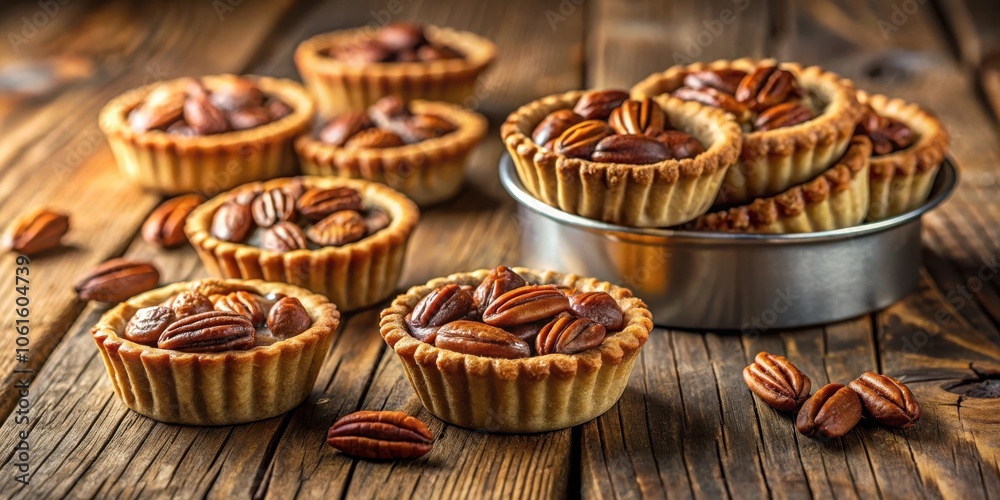 Poster a collection of miniature pecan pies resting on a rustic wooden table, ready to be enjoyed