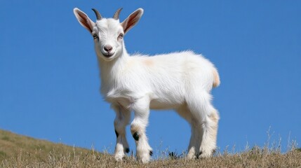 Obraz premium Smiling baby goat standing on a grassy hill, with rolling green pastures and a clear blue sky in the background