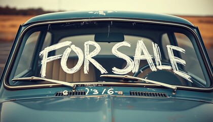 Obraz premium Whitewash paint text FOR SALE written directly on the car’s windshield in big, bold letters