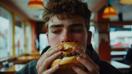 Young man eating a cheeseburger.