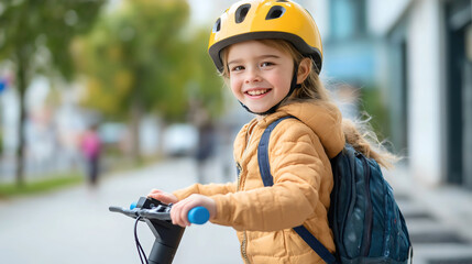 Joyful child girl riding, adventurous electric scooter e scooter, carefree kid road street, energetic transport vehicle, active safety fun