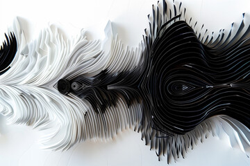 Single frequency sound wave oscillating, quilled paper art in contrasted black and white, paper shader


