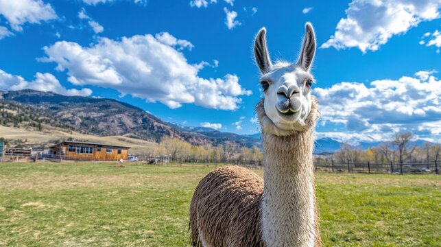 Smiling llama standing in an open field with mountains and a bright blue sky behind, creating a cheerful vibe