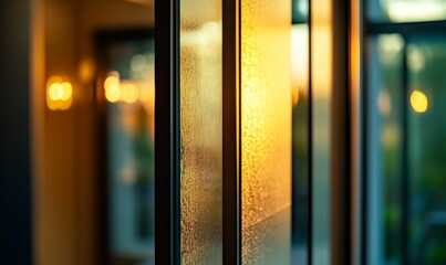 Blurred lights behind textured glass panels.