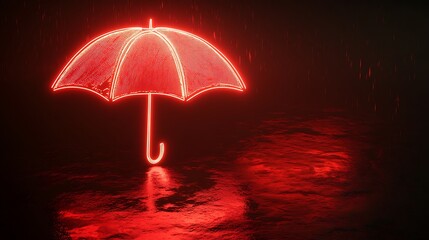 A glowing red umbrella stands in a dark, rainy environment, creating a striking visual.